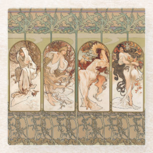 Alphonse Mucha Vier Seizoenen 1897 Art Nouveau Pan Glazen Onderzetter