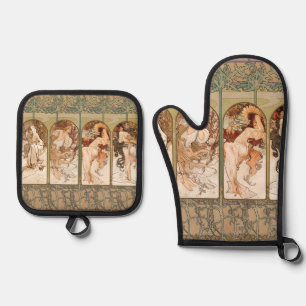 Alphonse Mucha Vier Seizoenen 1897 Art Nouveau Pan Ovenwant & Pannenlap Set