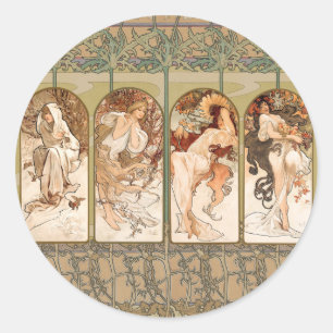 Alphonse Mucha Vier Seizoenen 1897 Art Nouveau Pan Ronde Sticker