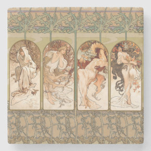 Alphonse Mucha Vier Seizoenen 1897 Art Nouveau Pan Stenen Onderzetter