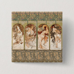 Alphonse Mucha Vier Seizoenen 1897 Art Nouveau Pan Vierkante Button 5,1 Cm