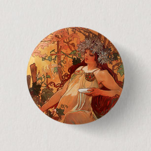 Alphonse Mucha, Vier seizoenen, herfst Ronde Button 3,2 Cm