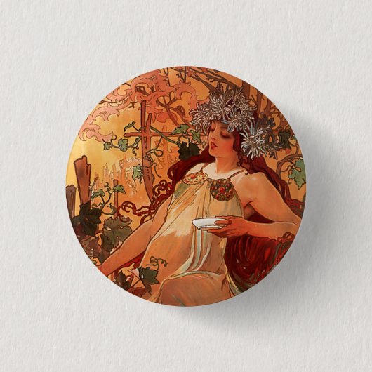 Alphonse Mucha, Vier seizoenen, herfst Ronde Button 3,2 Cm (Voorkant)