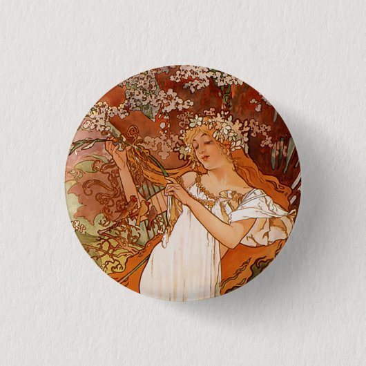 Alphonse Mucha, Vier seizoenen, Lente Ronde Button 3,2 Cm (Voorkant)