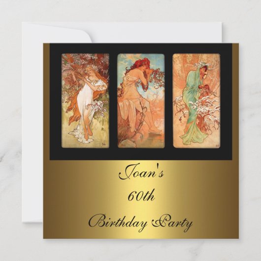 Alphonse Mucha Vintage Kunst Gouden Uitnodiging (Voorkant)