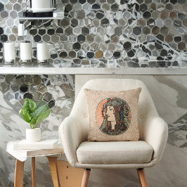 Alphonse Mucha vrouw met groene hoofdtooi Kussen