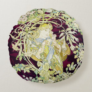 Alphonse Mucha Vrouw met Madeliefje Art Nouveau Ku Rond Kussen