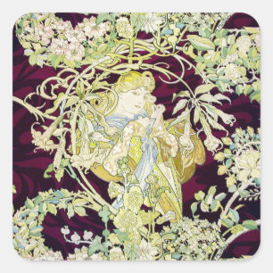 Alphonse Mucha Vrouw met Madeliefje Art Nouveau Ku Vierkante Sticker