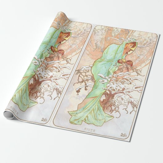 Alphonse Mucha Winter  Art Nouveau Painting Cadeaupapier (Uitgerold)
