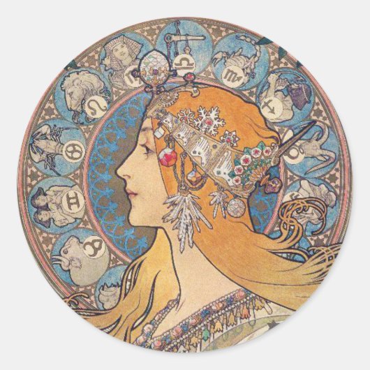 Alphonse Mucha , “Zodiac” Ronde Sticker (Voorkant)