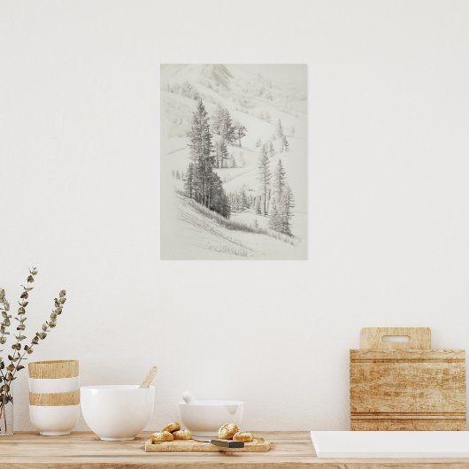 Alpiene bergen en bomen Sketch,  etsen, Poster (Keuken)