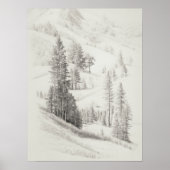 Alpiene bergen en bomen Sketch, etsen, Poster (Voorkant)