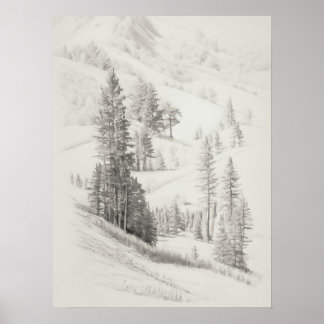 Alpiene bergen en bomen Sketch, etsen, Poster