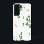 Alpiene Skiers Illustratie Samsung Galaxy Hoesje<br><div class="desc">Koel het ontwerp van het skieerpatroon in de winter met skiërs die de alpine skipistes van de sneeuwbedekte bosjes in de alpen skiën. Freeride skiers dragen kleurrijke retro skipakken, die de heuvel neerslaan met de ski's op een witte sneeuwlandschapsachtergrond. Een prachtig wintersportcadeau voor een skiester in je kring van vrienden,...</div>