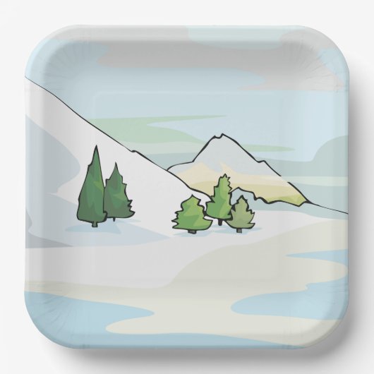 Alpijns winters landschap met pijnbomen papieren bordje (Voorkant)