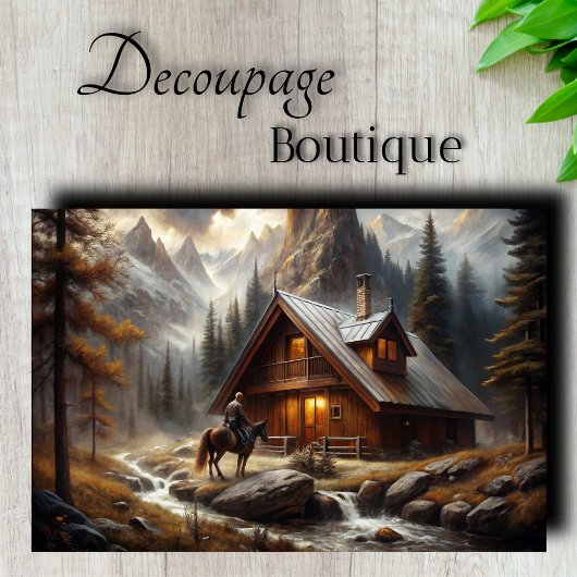 Alpine Cabin Horseback Snowy Scene Decoupage Tissuepapier