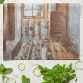 Alpine Chalet Kitchen with Snowy Mountain View Theedoek (Gevouwen)