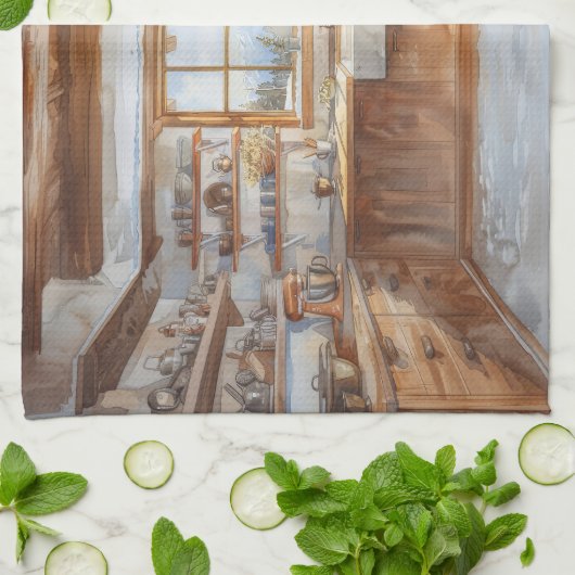 Alpine Chalet Kitchen with Snowy Mountain View Theedoek (Gevouwen)