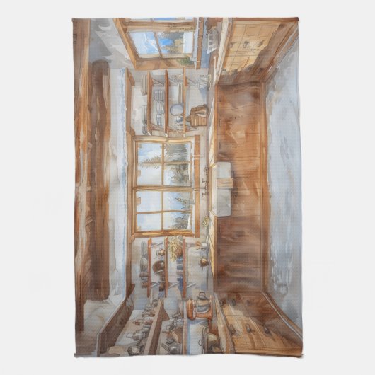 Alpine Chalet Kitchen with Snowy Mountain View Theedoek (Verticaal)