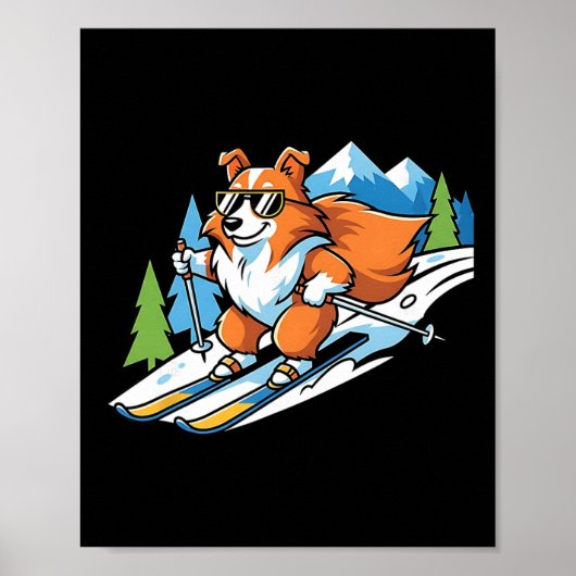 Alpine Corgi On Skis Cool Sungles Winter Scene  Poster (Voorkant)