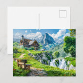 Alpine Cottage bij Mountain Waterfall Briefkaart (Voorkant / Achterkant)