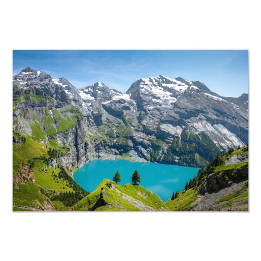 Alpine lake Oeschinensee in Switzerland Foto Afdruk (Voorkant)