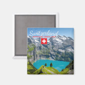 Alpine lake Oeschinensee in Switzerland with flag Magneet (Voorkant / Achterkant)