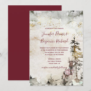 Alpine Mountain Woodland Stag Bourgogne Wedding Kaart