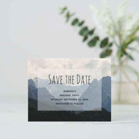 Alpine Mountains Land Verjaardag Save the Date Uitnodiging Briefkaart