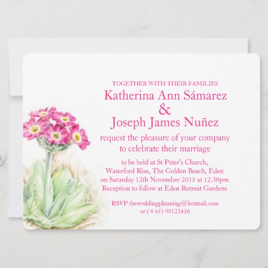 Alpine primrose waterverf roze bruiloft uitnodigen kaart (Achterkant)