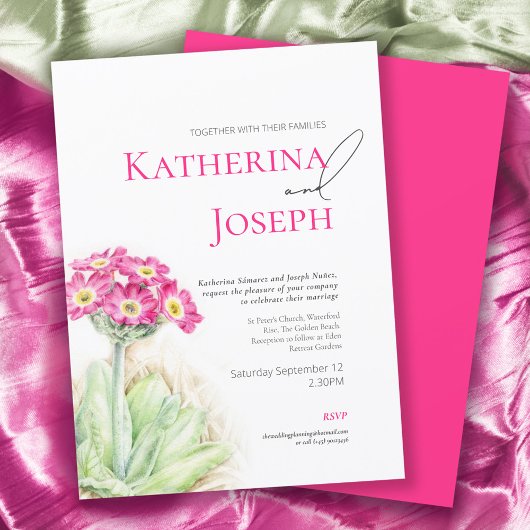 Alpine primrose waterverf roze verticale bruiloft kaart