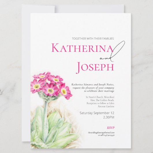 Alpine primrose waterverf roze verticale bruiloft kaart (Voorkant)