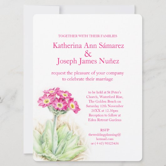 Alpine primrose waterverf roze verticale bruiloft kaart (Achterkant)