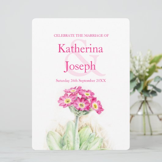 Alpine primrose waterverf roze verticale bruiloft kaart (Staand voorkant)