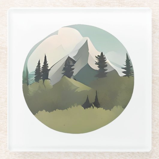 Alpine Serenity: heuvels en besneeuwde toppen Glazen Onderzetter (Voorkant)