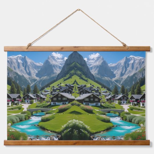 "Alpine Serenity – Schilderachtig Village" Hangend Wandkleed (Voorkant)