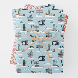 Alpine Ski Wrapping Paper Flat Sheet Set of 3