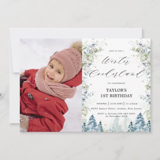 Alpine Trees Winter Onederland 1e verjaardag Foto Kaart (Voorkant)