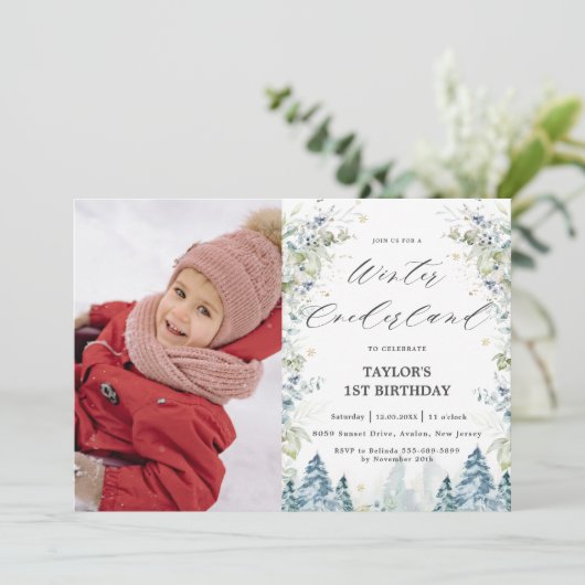 Alpine Trees Winter Onederland 1e verjaardag Foto Kaart (Staand voorkant)