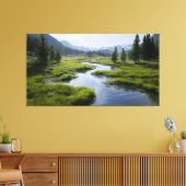 Alpine Valley Stream Green Meadows Snowy Peaks Canvas Afdruk (Insitu (Woonkamer))