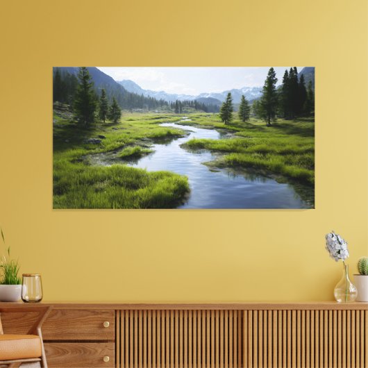 Alpine Valley Stream Green Meadows Snowy Peaks Canvas Afdruk (Insitu (Woonkamer))