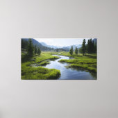 Alpine Valley Stream Green Meadows Snowy Peaks Canvas Afdruk (Voorkant)