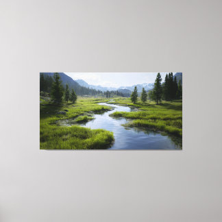 Alpine Valley Stream Green Meadows Snowy Peaks Canvas Afdruk