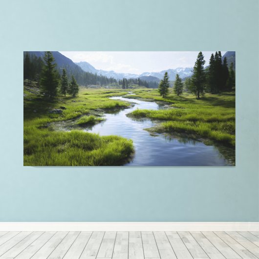 Alpine Valley Stream Green Meadows Snowy Peaks Canvas Afdruk (Insitu (Houten vloer))