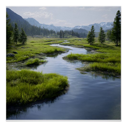 Alpine Valley Stream Green Meadows Snowy Peaks Perfect Poster (Voorkant)