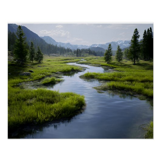 Alpine Valley Stream Green Meadows Snowy Peaks Perfect Poster (Voorkant)