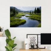 Alpine Valley Stream Green Meadows Snowy Peaks Poster (Thuiskantoor)