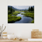 Alpine Valley Stream Green Meadows Snowy Peaks Poster (Keuken)