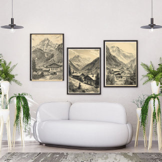 Alpine Village Charm – Vintage Swiss Alps Travel Muurkunst Sets