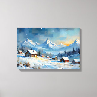 Alpine Winter Village onder sterrenhemel Canvas Afdruk